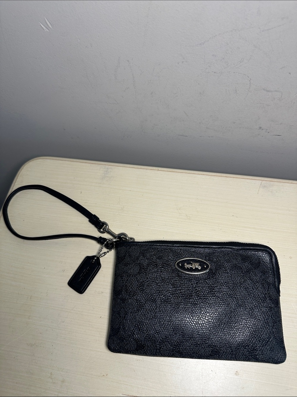 Coach Black Signature Wristlet with Silver Plaque